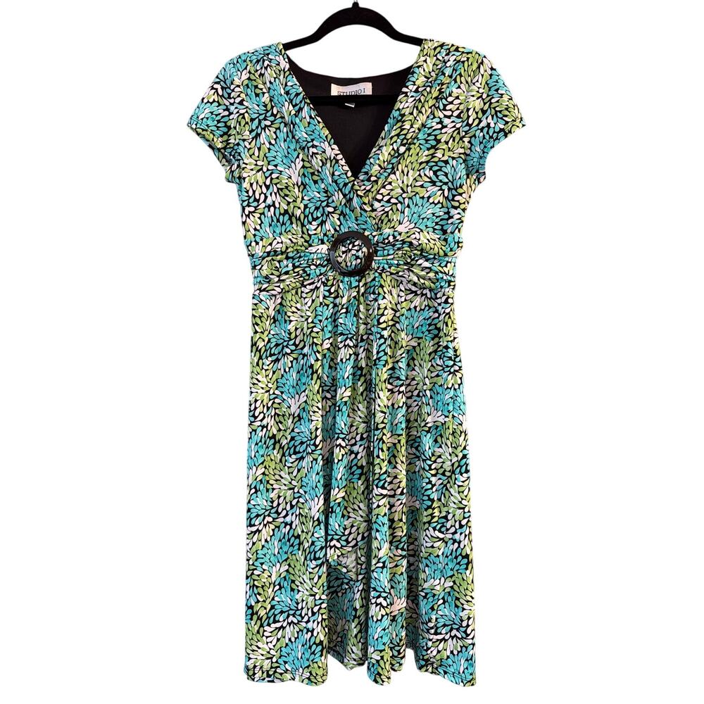 Studio I Women's Blue Green & Black Floral Empire Waist Buckle Midi Dress Size 8